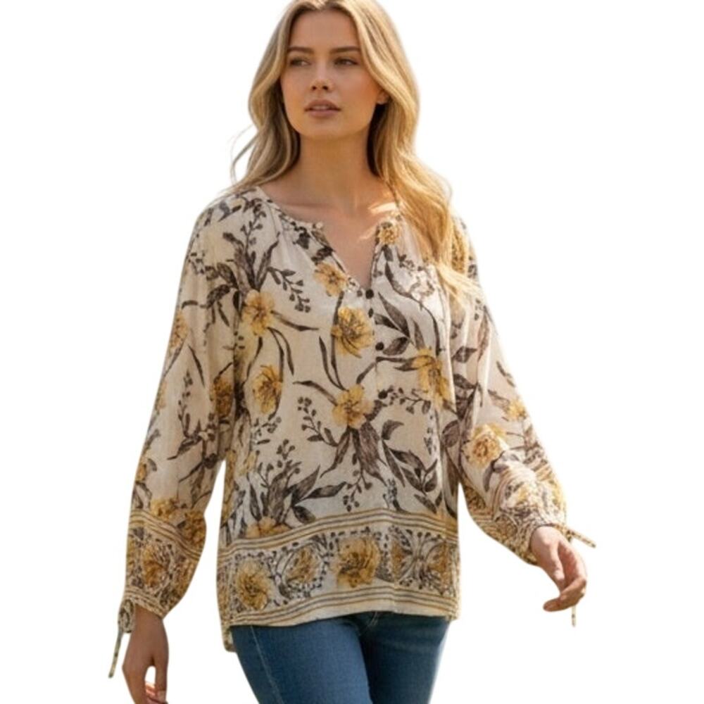 Lucky Brand Peasant Top Womens Large Ivory Yellow Boho Border Blouse